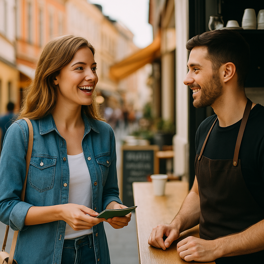 Traveler speaking with a local at a café window