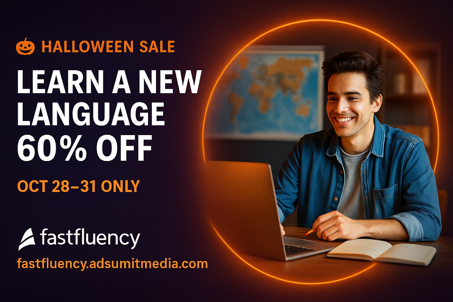 Learner studying a language with a world map behind